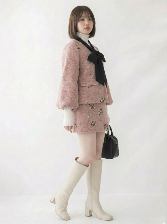 淺粉紅色粗花呢蝴蝶結領短洋裝/長洋裝套組