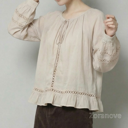 抽繩一字領蕾絲拼接荷葉邊襯衫