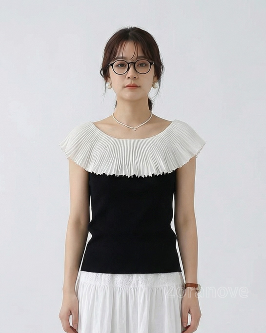 一字領荷葉邊修身短袖針織上衣