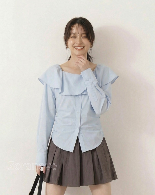 方領荷葉邊大翻領收腰襯衫