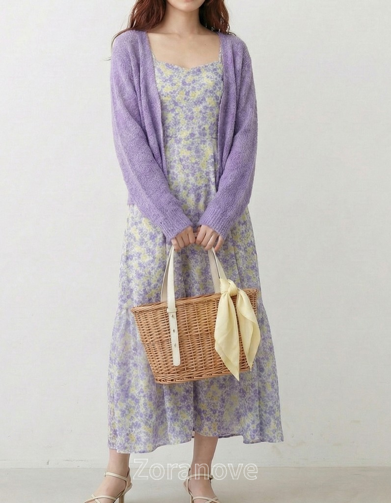 淺紫色慵懶風針織開襟衫+碎花吊帶長洋裝兩件式套組