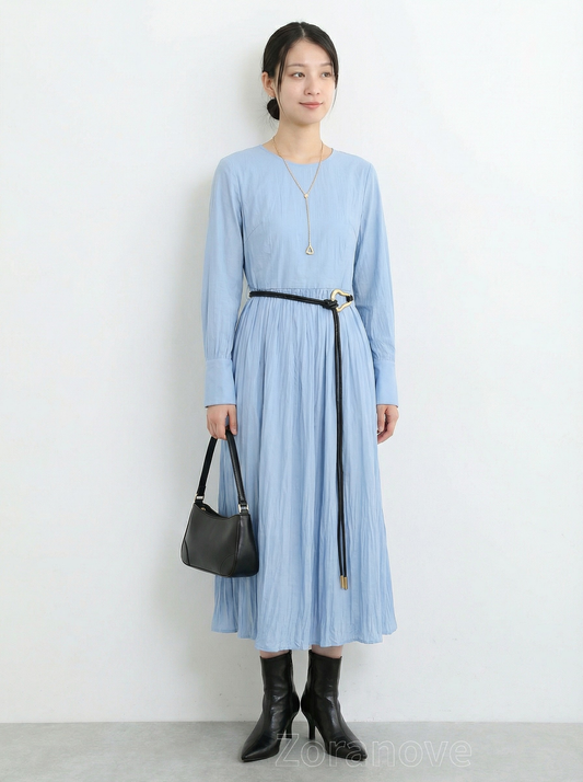 圓領收腰百褶長袖洋裝