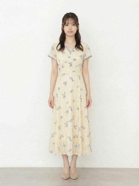 藍邊波浪V領收腰綁帶碎花洋裝