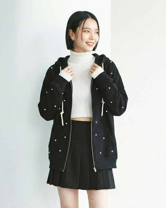 珍珠點綴寬鬆連帽開襟衛衣