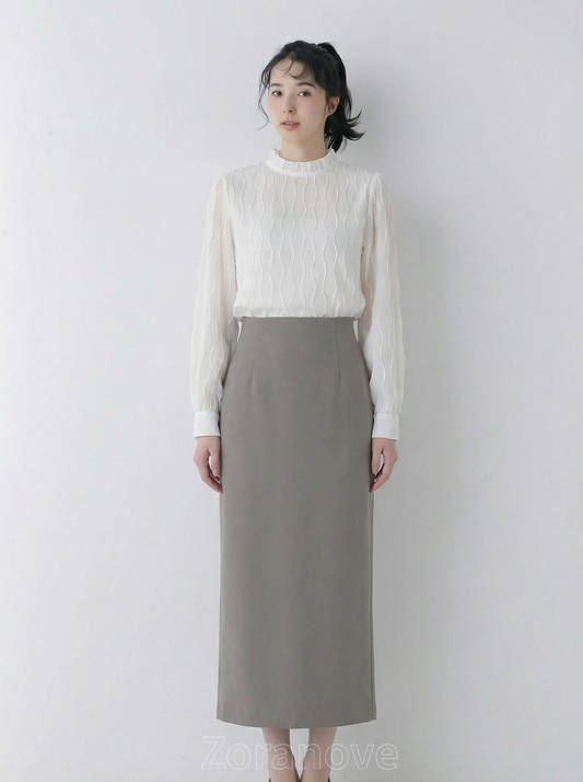 木耳立領直條紋肌理收褶袖雪紡上衣