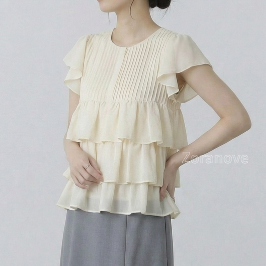 立體壓褶荷葉袖層疊雪紡襯衫