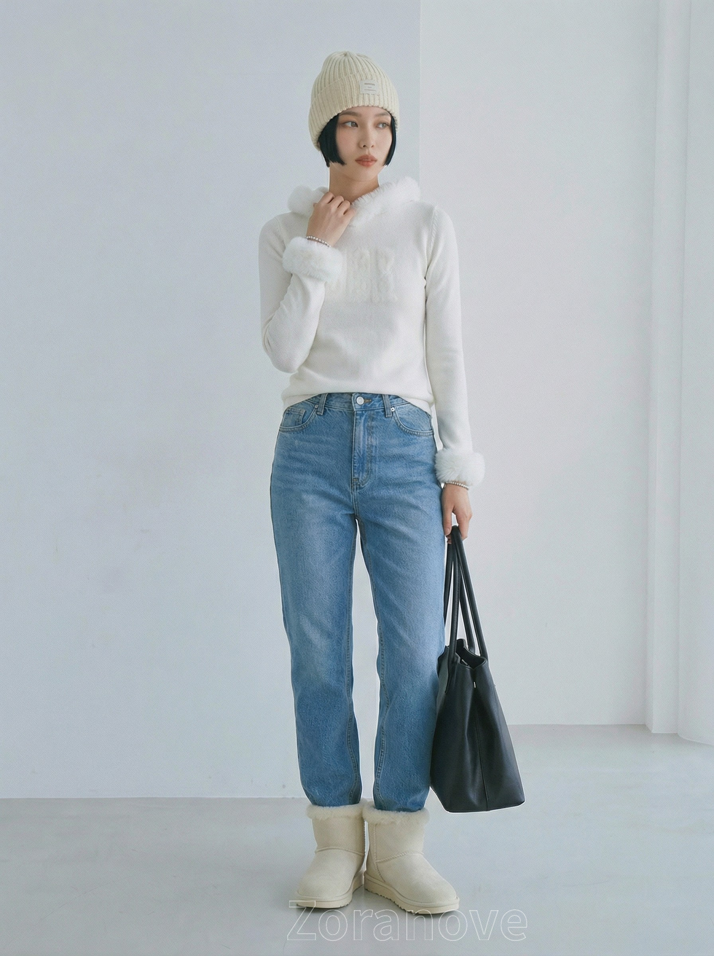 毛絨翻領修身長袖針織衫