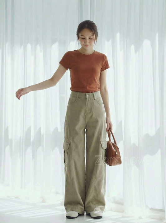 高腰工裝風寬褲腳拖地牛仔長褲