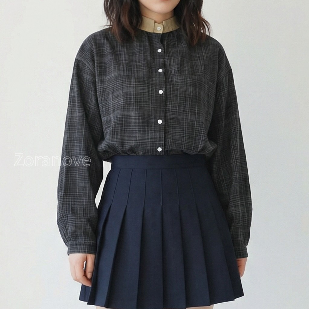 黑色千鳥格紋立領寬鬆長袖襯衫