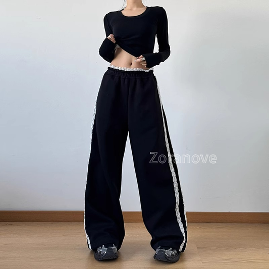 蕾絲側邊條紋鬆緊腰寬褲