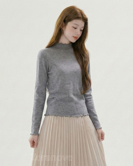 波點半高領荷葉邊修身針織衫