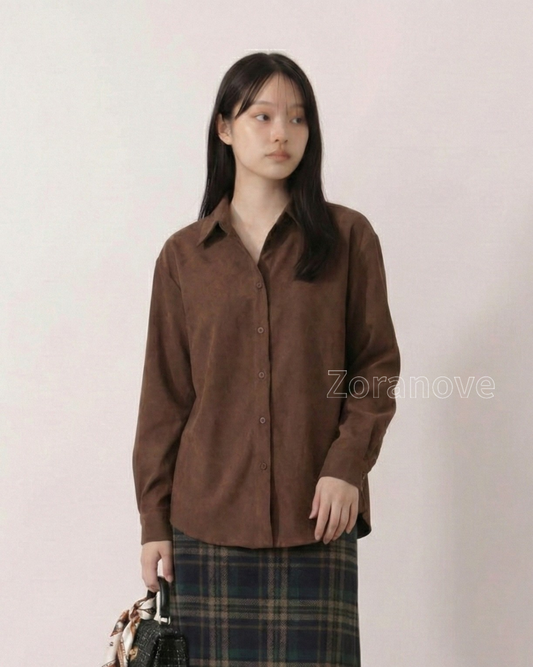棕色麂皮質感寬鬆長袖襯衫