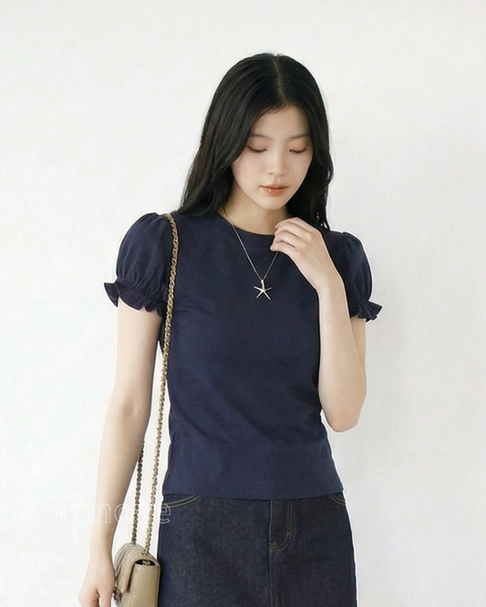 泡泡袖荷葉邊修身短版T恤