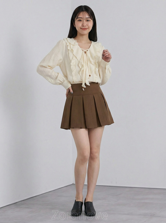 荷葉邊綁帶V領泡泡袖長袖襯衫