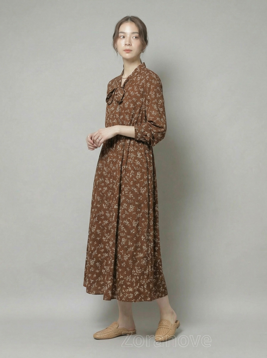 繫帶領口收腰碎花長版洋裝