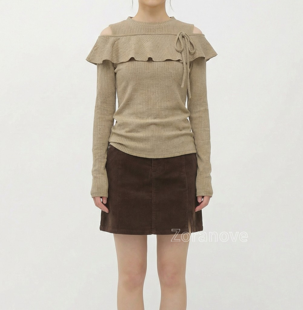 斜襟繫帶荷葉邊假兩件長袖T恤