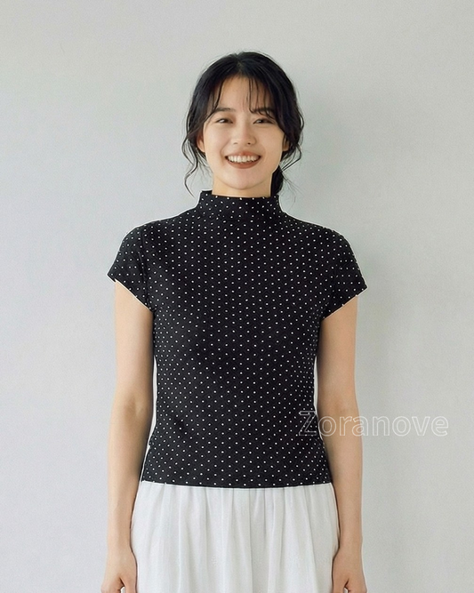 黑色波點半高領修身短袖T恤
