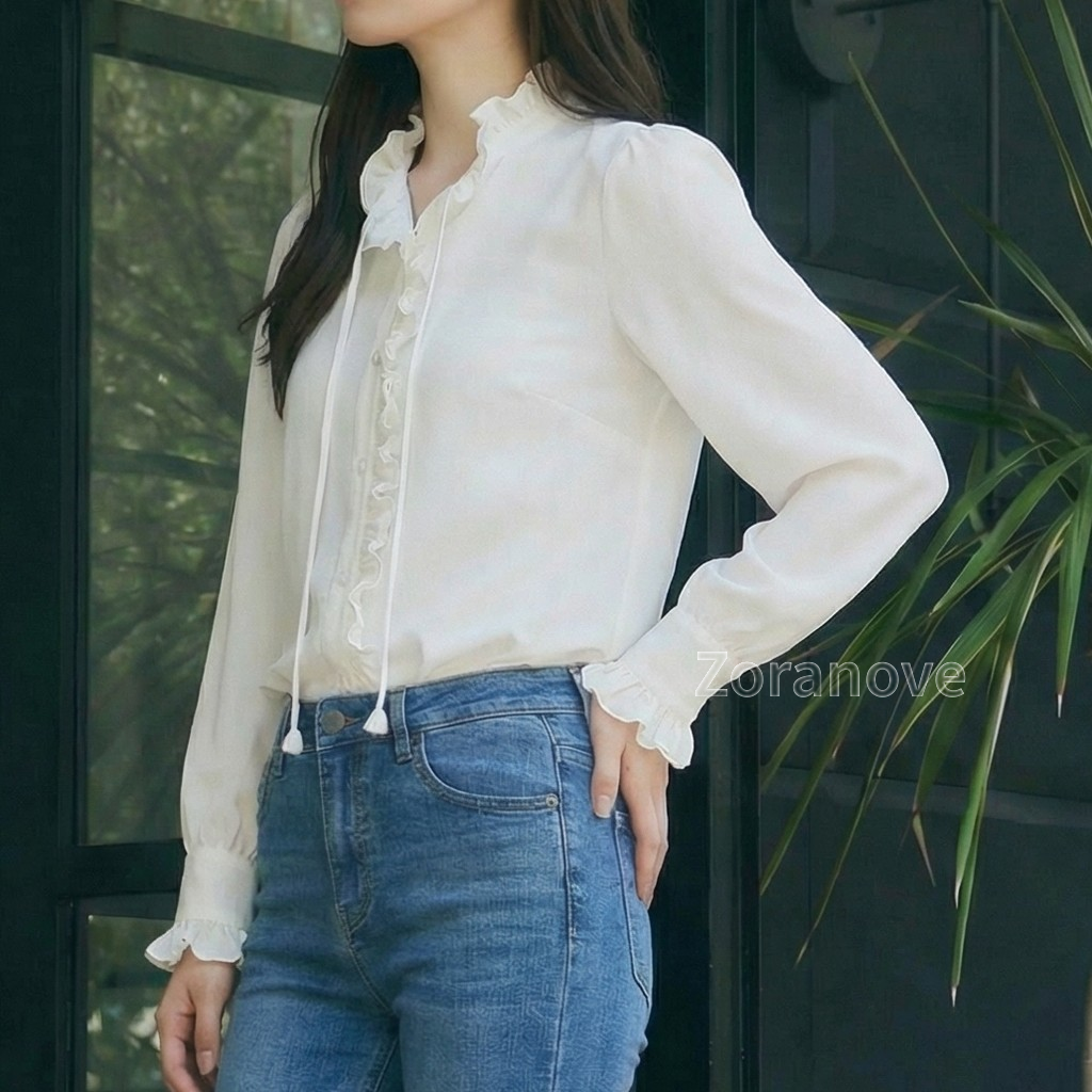 荷葉邊立領綁帶長袖襯衫