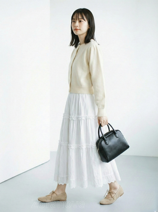 層次荷葉邊刺繡花邊A字中長裙