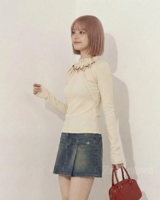 透空褶皺立領修身長袖T恤