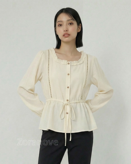 荷葉方領抽繩收腰泡泡袖長袖襯衫