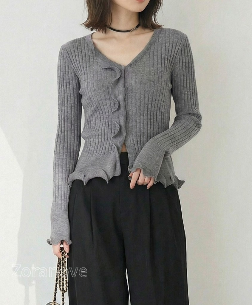 灰階V領荷葉邊修身羅紋針織上衣