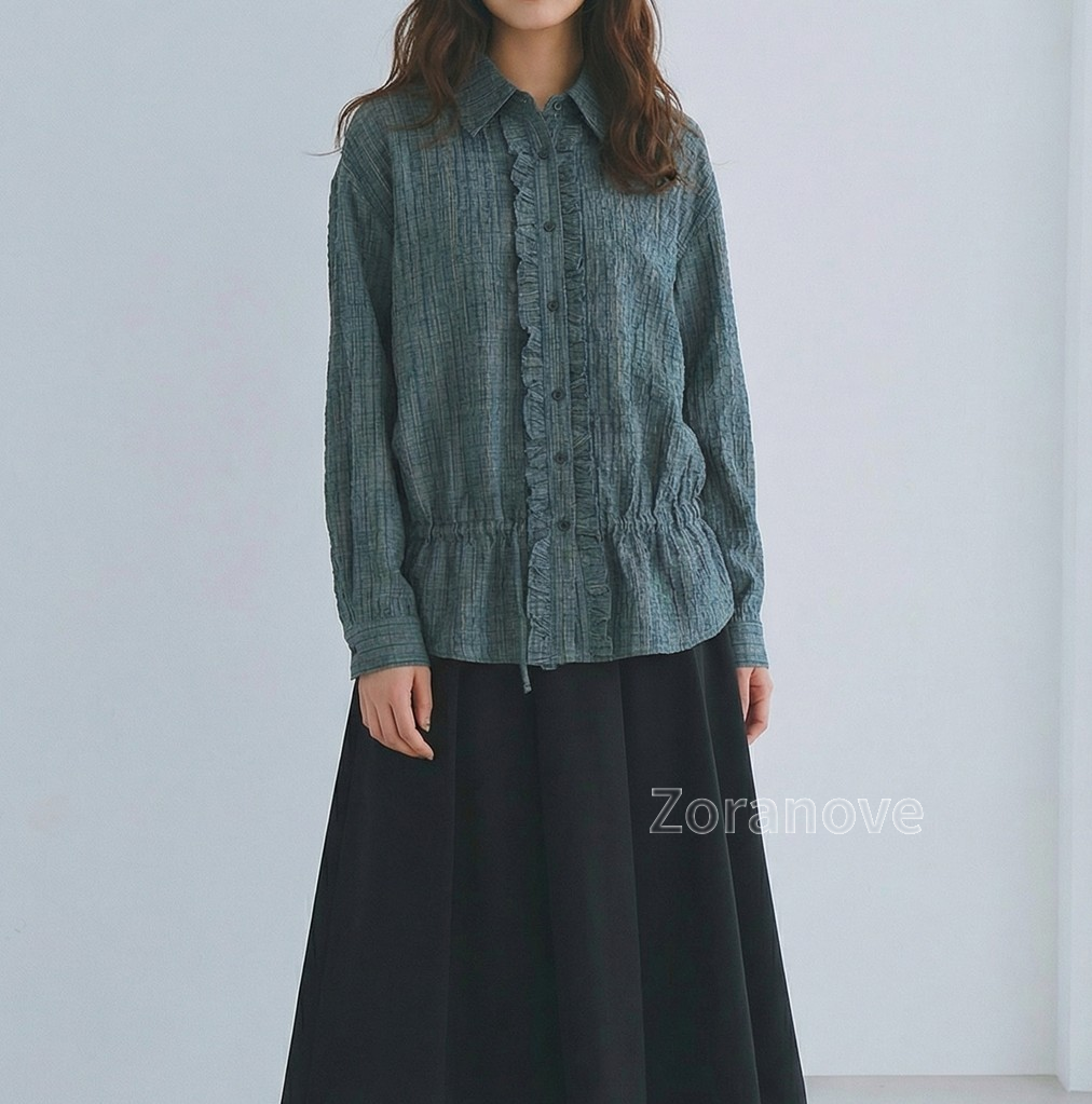 荷葉邊門襟收腰褶皺襯衫