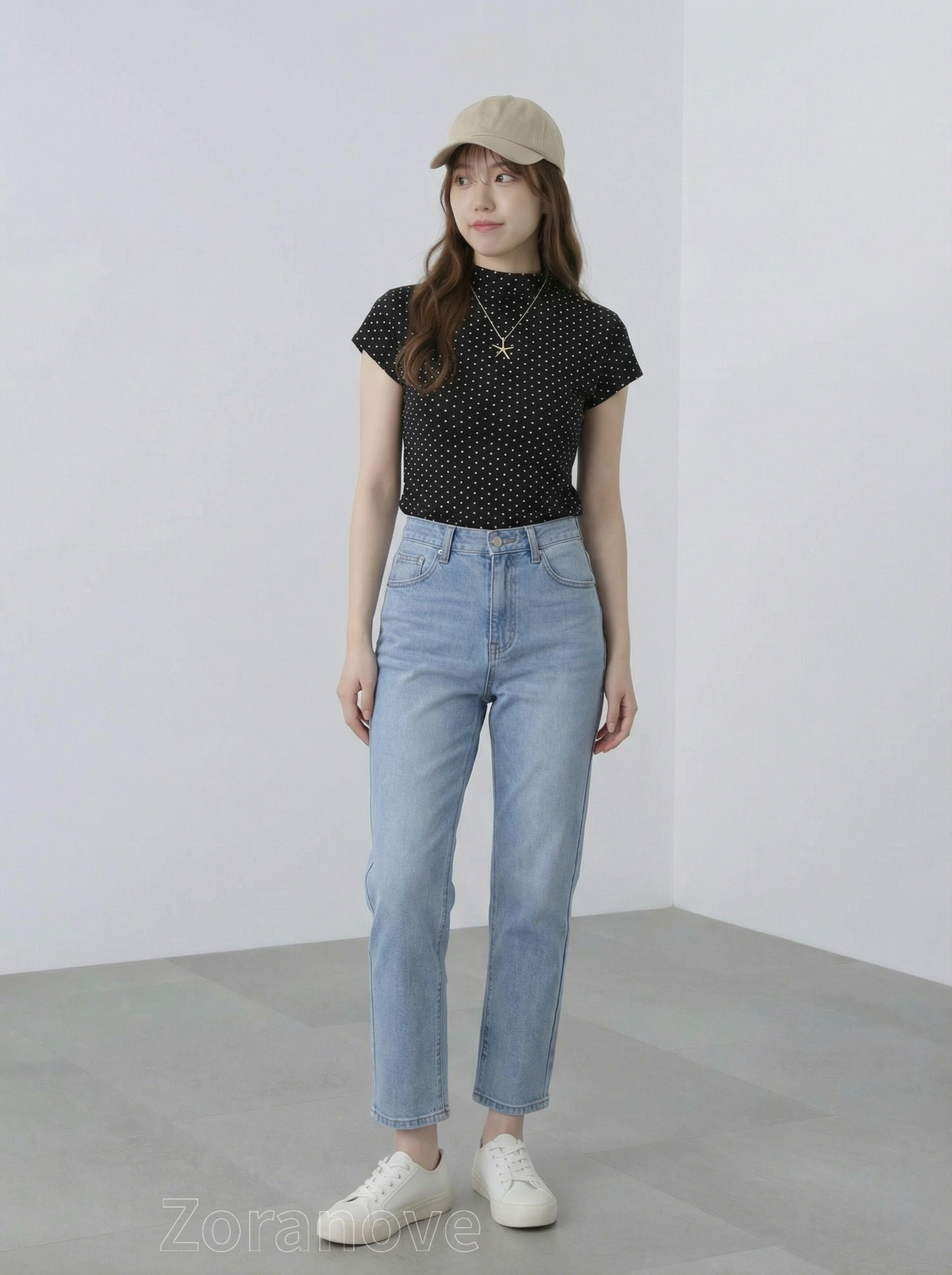 黑色波點半高領修身短袖T恤