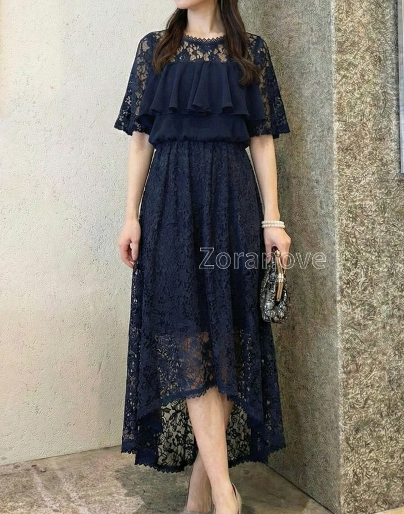 荷葉層次拼接・不規則前短後長下擺・蕾絲洋裝