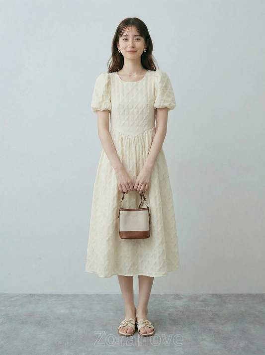 立體提花泡泡袖短袖收腰A字長裙