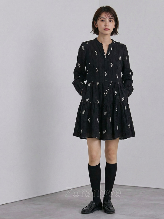 V領排釦收腰蛋糕裙擺長袖碎花洋裝