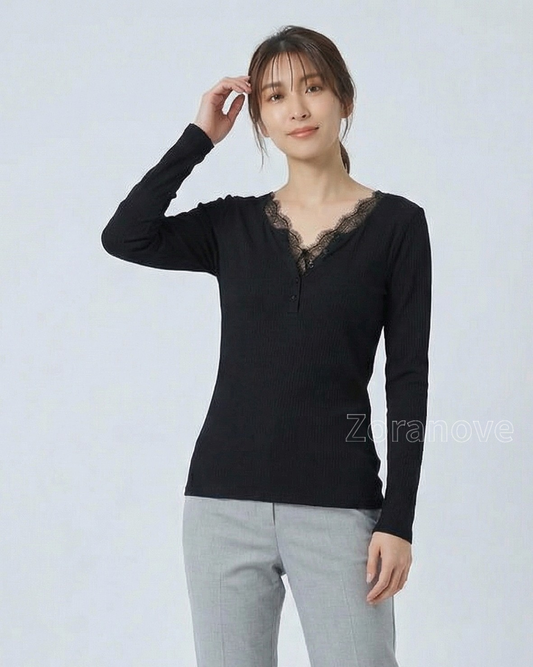蕾絲拼接V領排釦修身長袖T恤