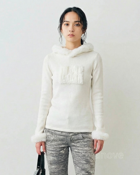 毛絨翻領修身長袖針織衫