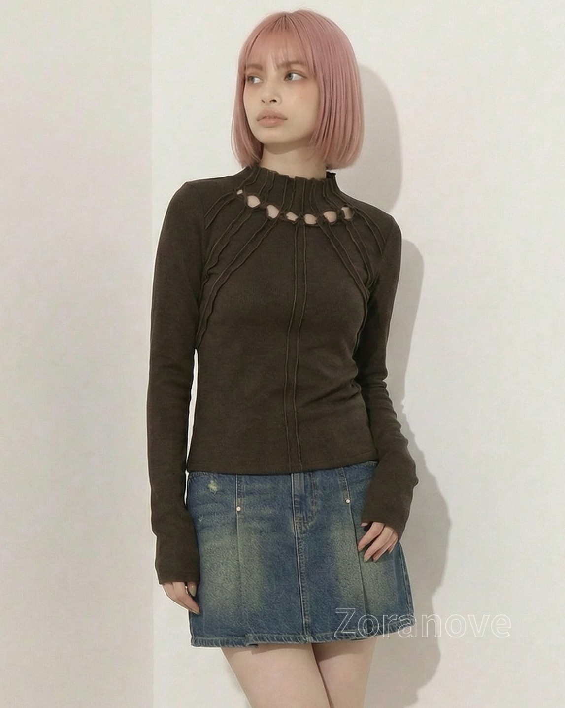 透空褶皺立領修身長袖T恤