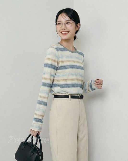 深綠色水彩風橫條紋圓領長袖T恤