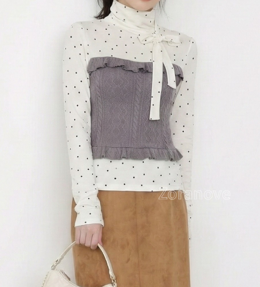 灰階拼接波點蝴蝶結內搭上衣