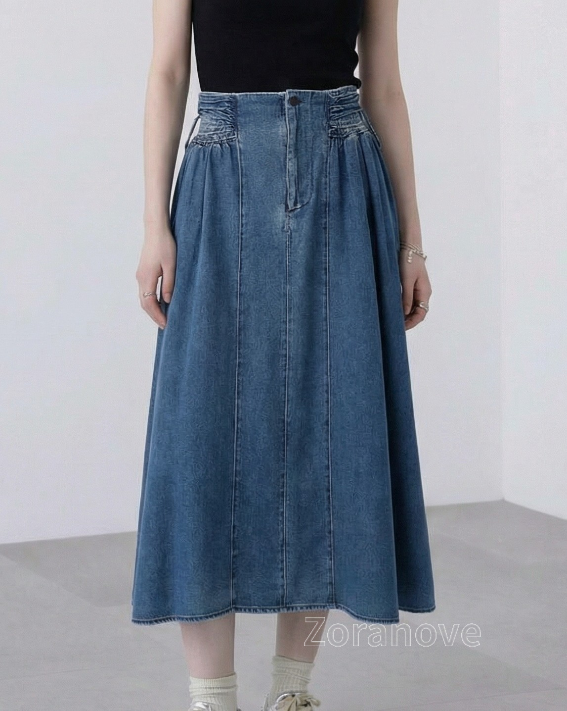 高腰繫繩褶皺A字牛仔裙