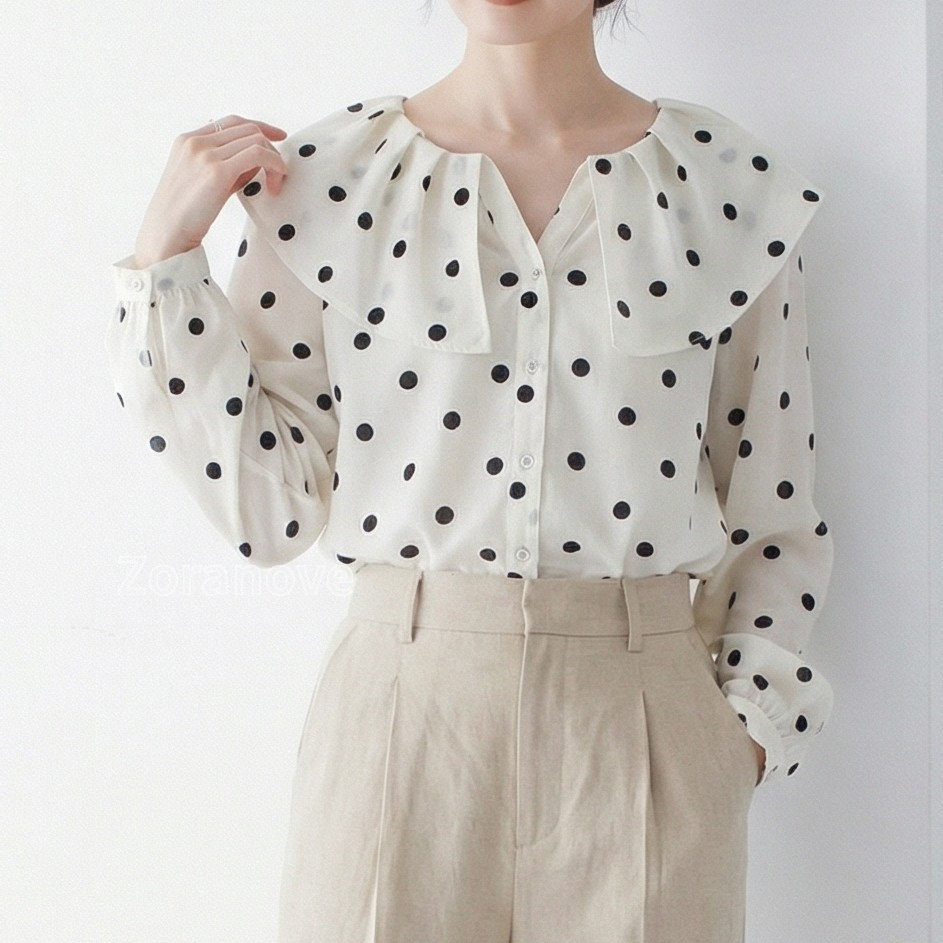淺米色波點飄帶領泡泡袖襯衫