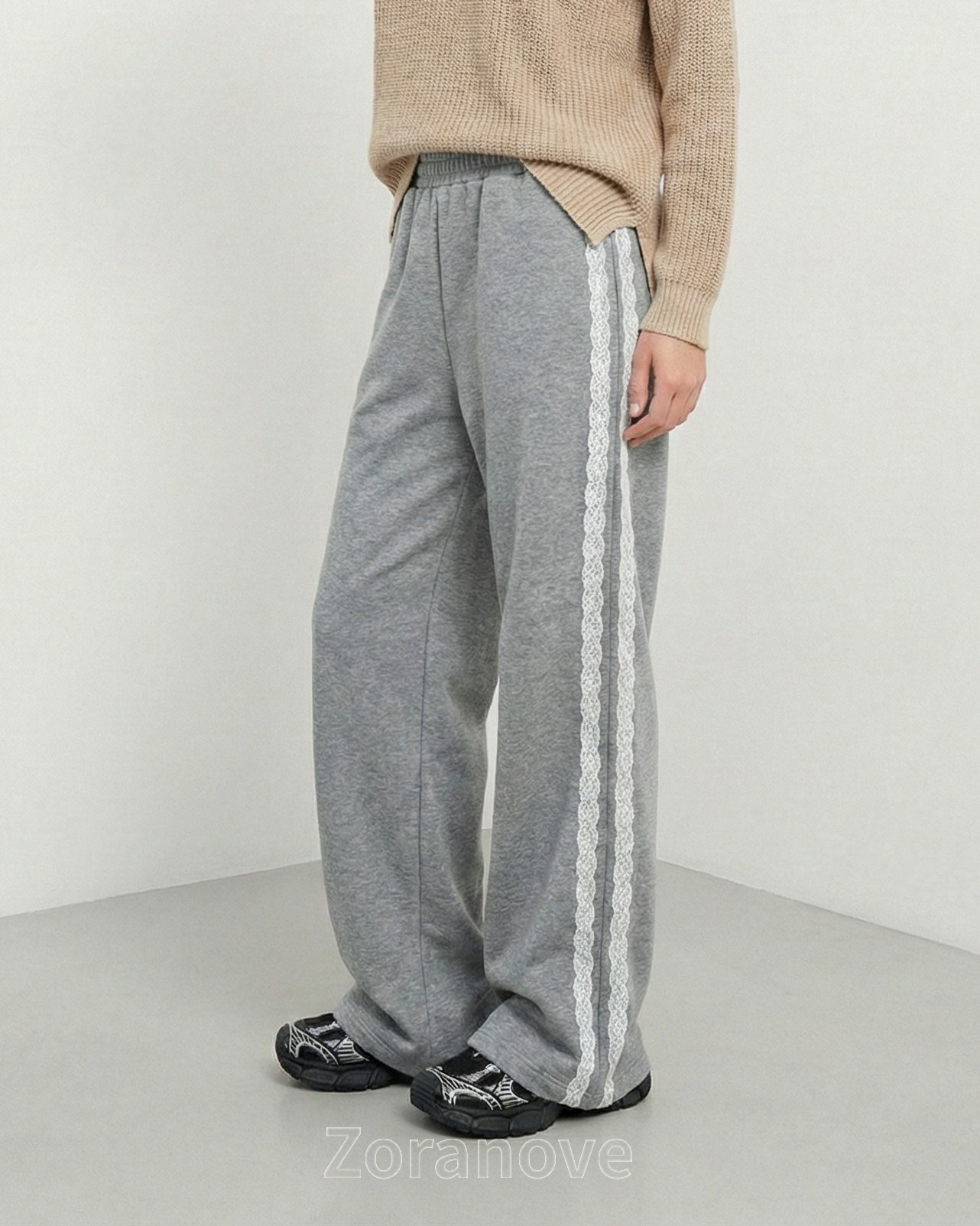 蕾絲側邊條紋鬆緊腰寬褲