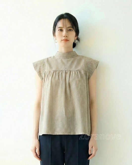 立領垂直條紋荷葉袖無袖襯衫