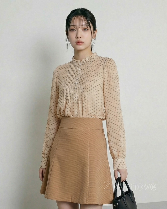立領荷葉邊設計|垂直壓褶門襟|波點雪紡襯衫
