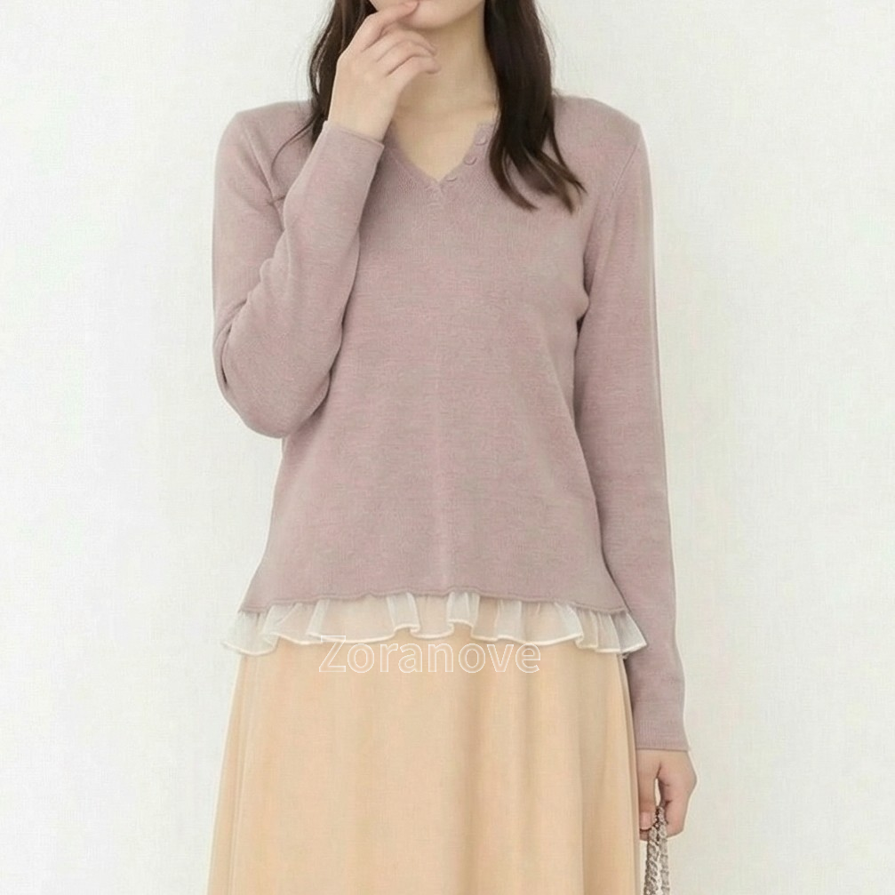 V領排扣拼接荷葉邊針織衫