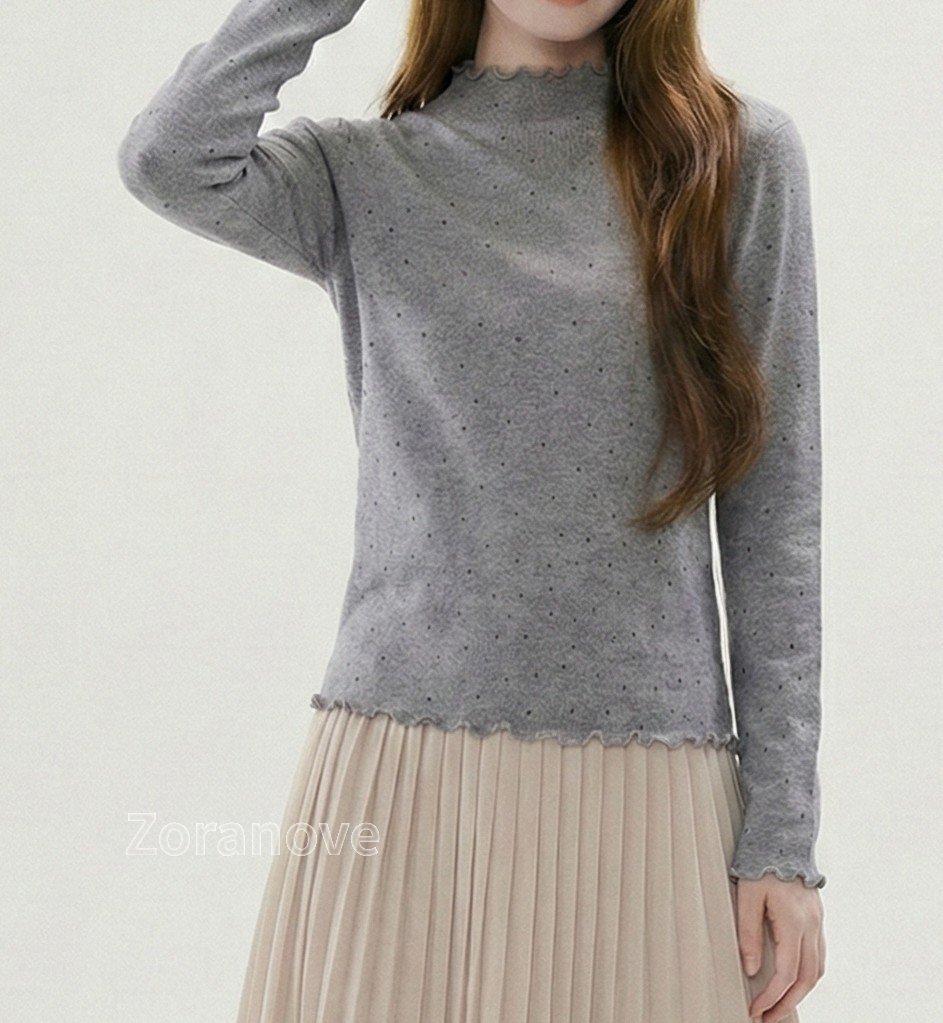 波點半高領荷葉邊修身針織衫