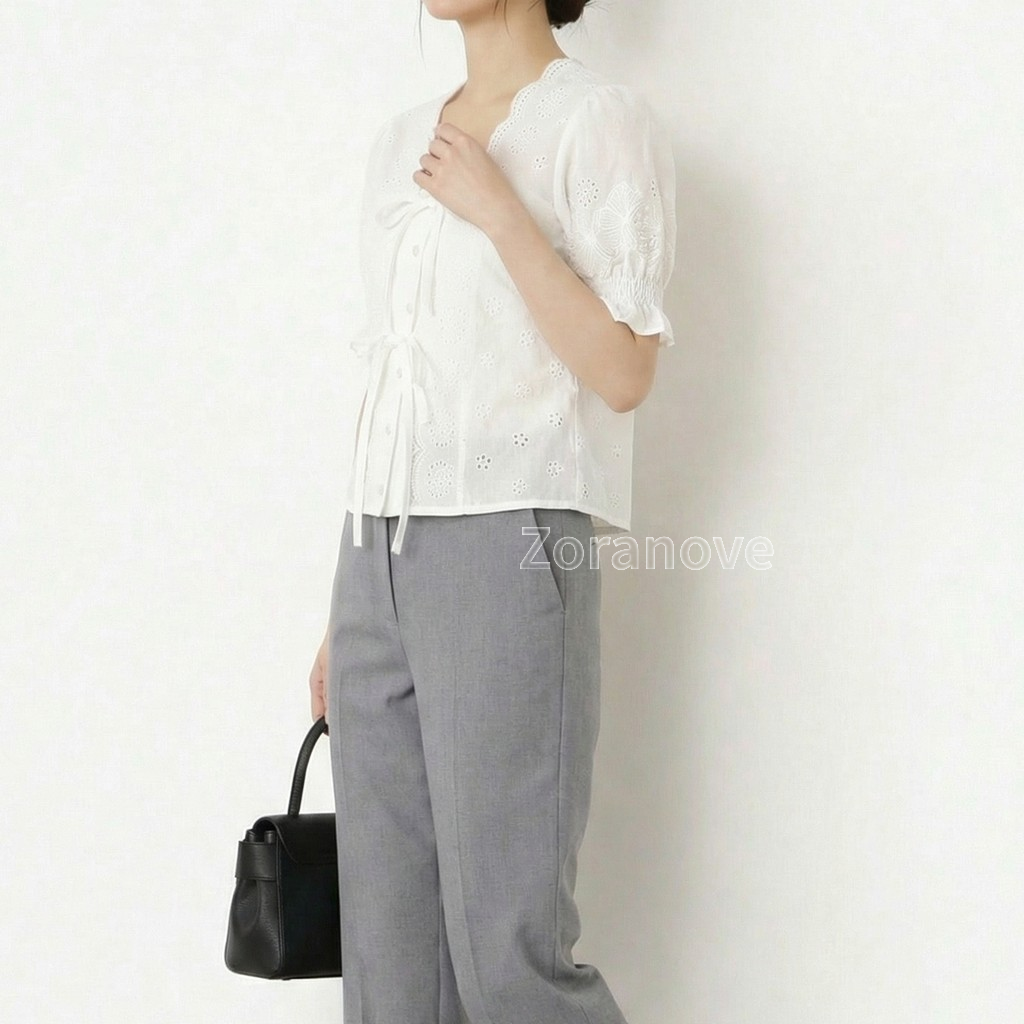 透空刺繡方領綁帶襯衫