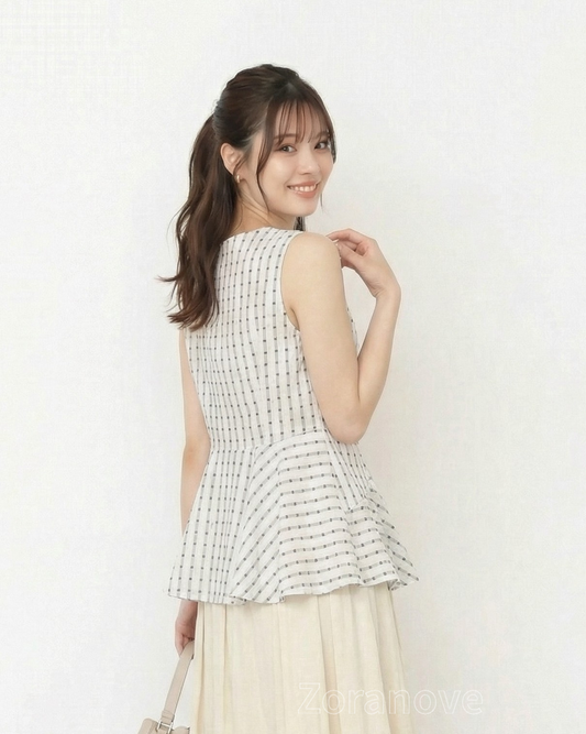 V領排扣收腰荷葉邊無袖襯衫