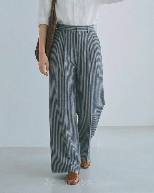 細直條紋高腰鬆緊腰垂墜闊腿褲