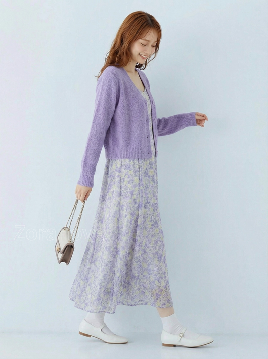 淺紫色慵懶風針織開襟衫+碎花吊帶長洋裝兩件式套組