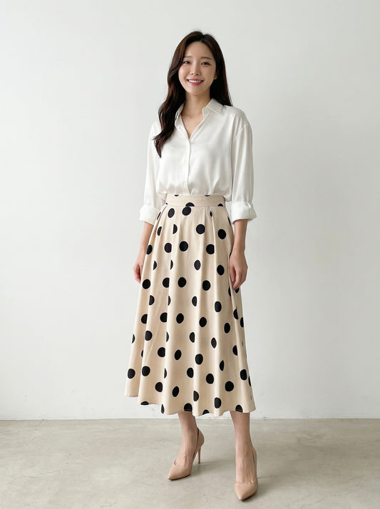 杏色波點高腰褶皺A字中長裙