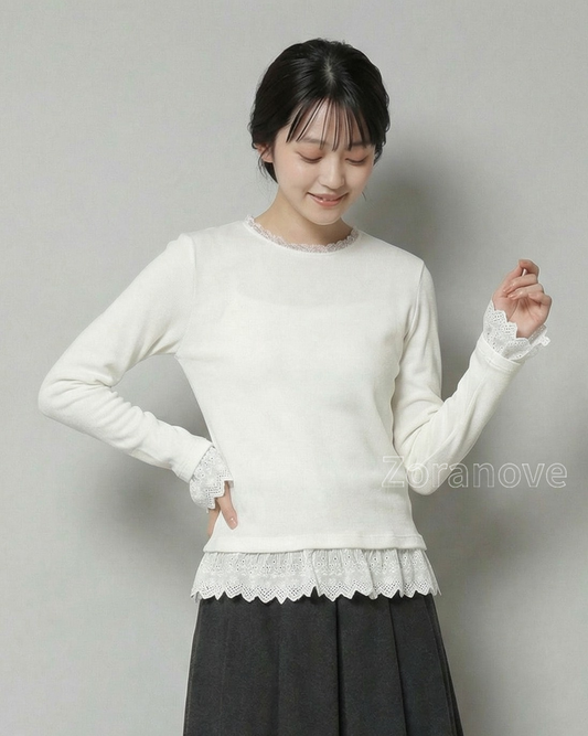 蕾絲拼接下擺 × 木耳花邊袖口 修身長袖T恤
