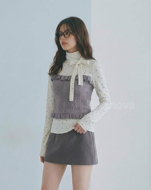 灰階拼接波點蝴蝶結內搭上衣